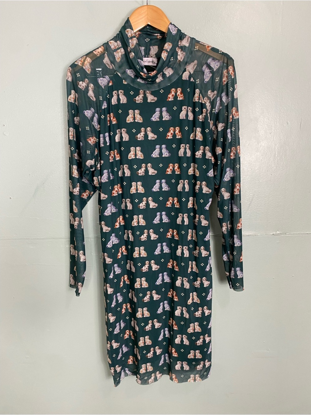 Rachel Antonoff Lilly Long Sleeve Mesh Mini Dress Dog Print Green Sz 2X